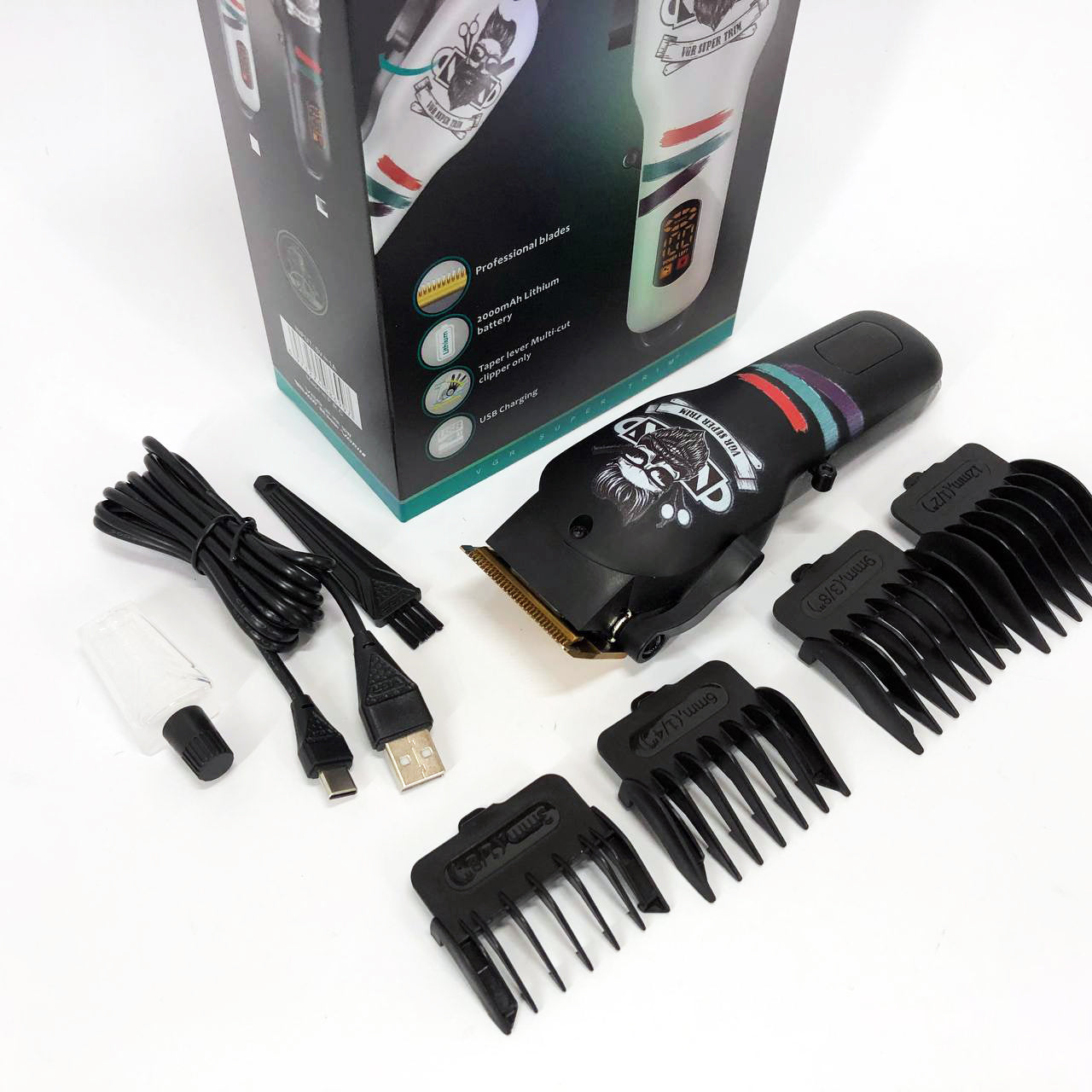 Машинка для стрижки волос и бороды профессиональная VGR V-699 с насадками и LED дисплеем. Цвет: черный