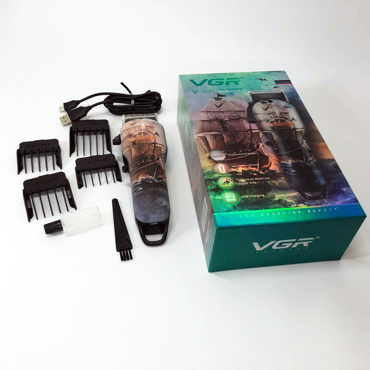 Аккумуляторная машинка для стрижки VGR V-690 от USB Нержавеющая сталь, подстригательная машинка