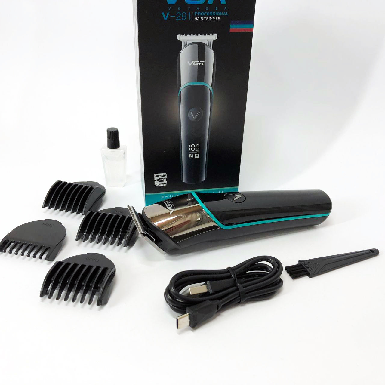 Профессиональная машинка для стрижки волос триммер VGR V-291 с насадками, электробритва. Цвет: зеленый