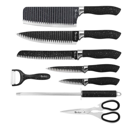 Набор ножей UNIQUE UN-1831, 9 предметов, с подставкой, нержавеющая сталь, с овощечисткой, черный