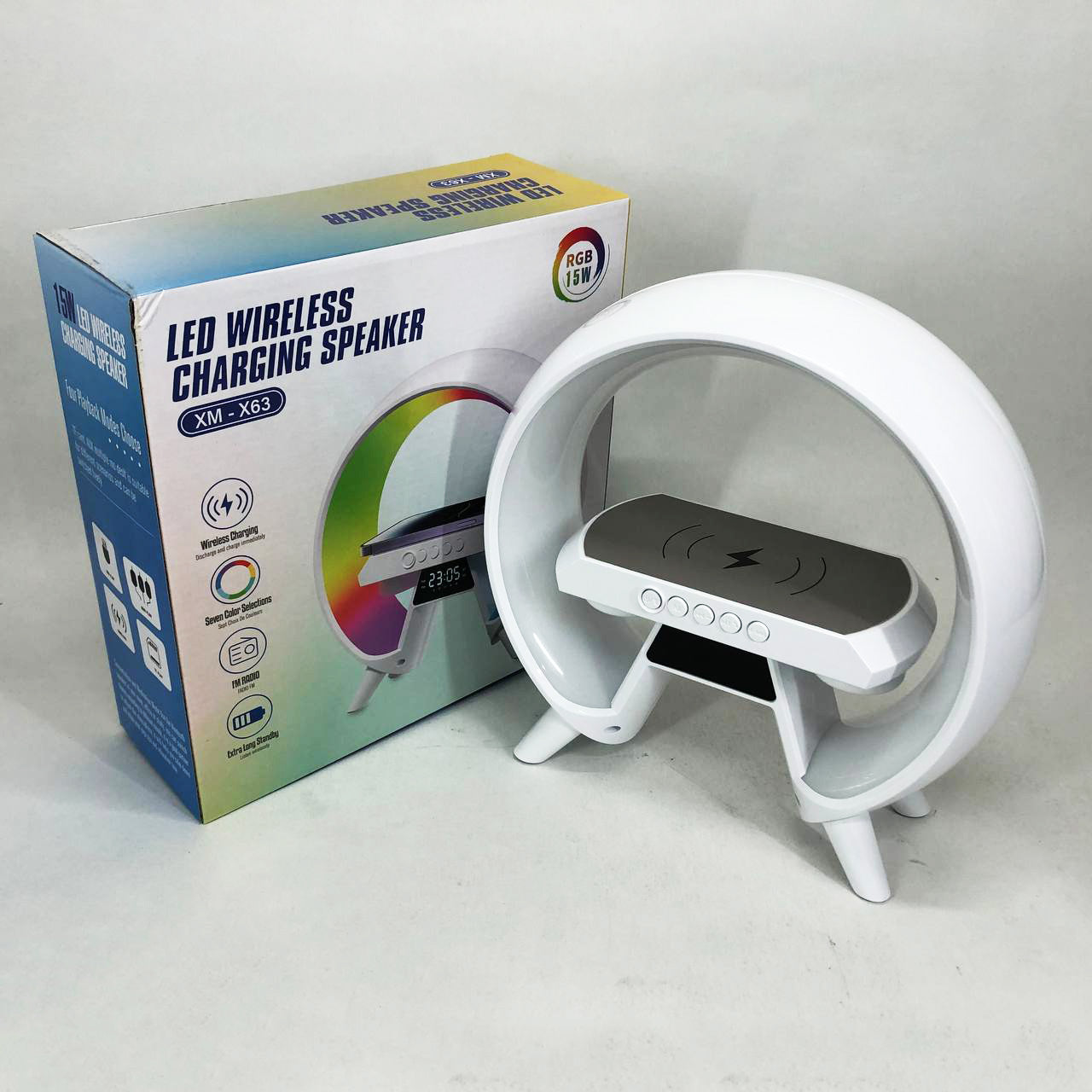 LED Лампа ночник с беспроводной зарядкой и Bluetooth динамиком G-Lite XM-X63, Часы хамелеон с будильник