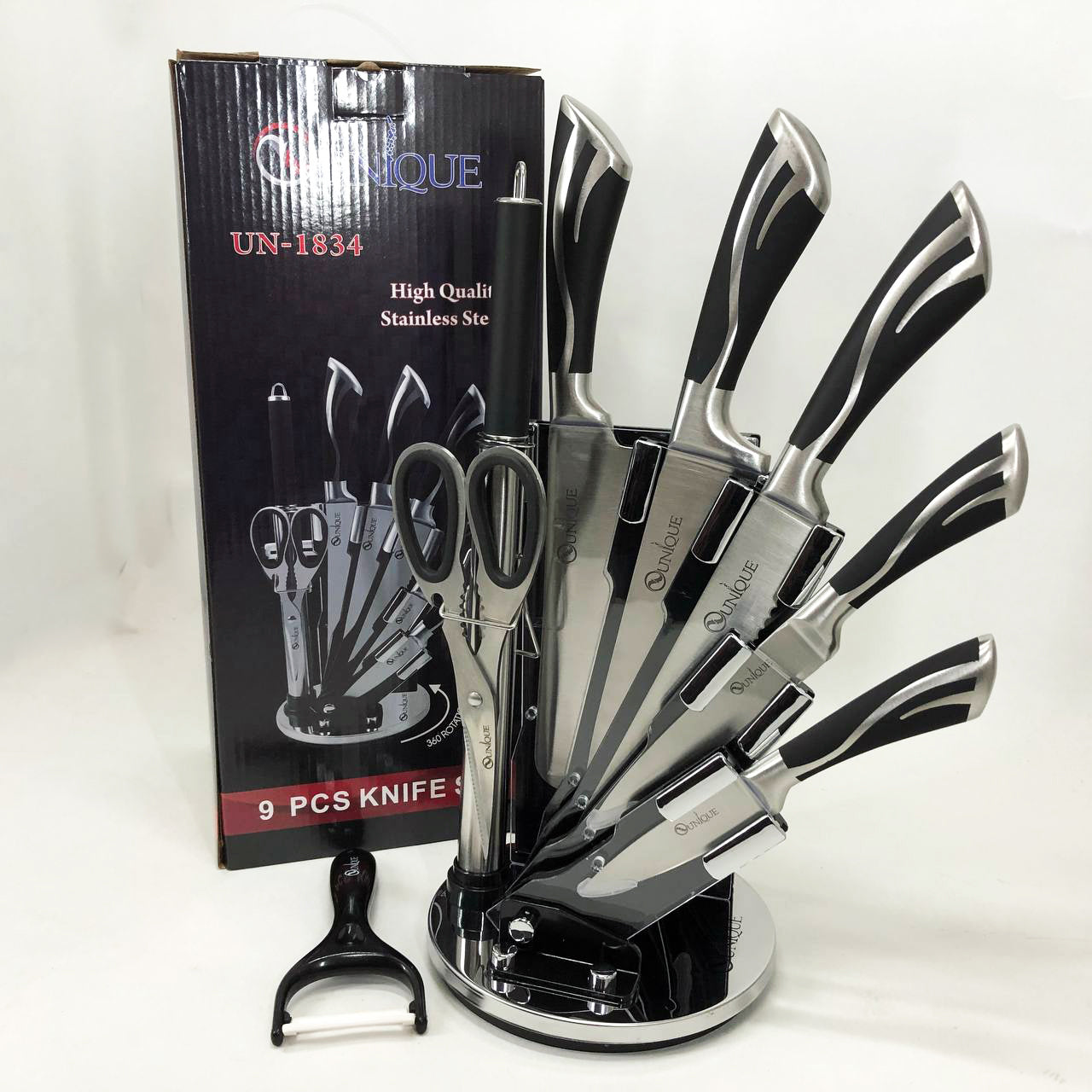 Набор ножей UNIQUE UN-1834 с вращающейся подставкой 9 предметов, Ножи кухонные из нержавеющей стали