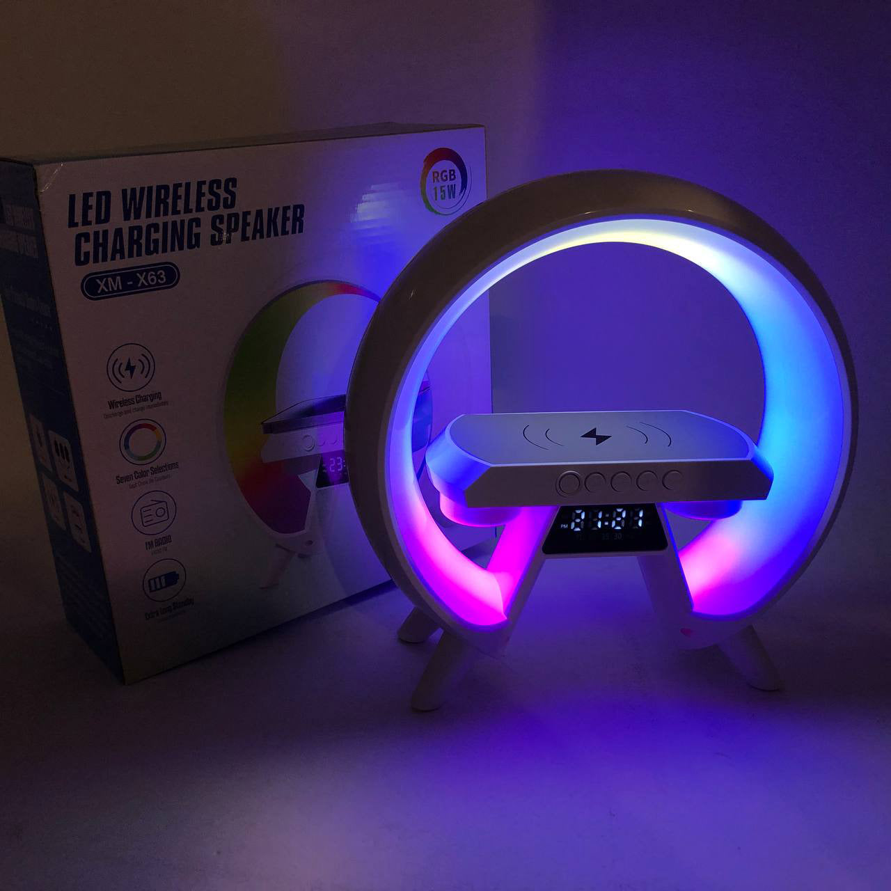 LED Лампа ночник с беспроводной зарядкой и Bluetooth динамиком G-Lite XM-X63, Часы хамелеон с будильник