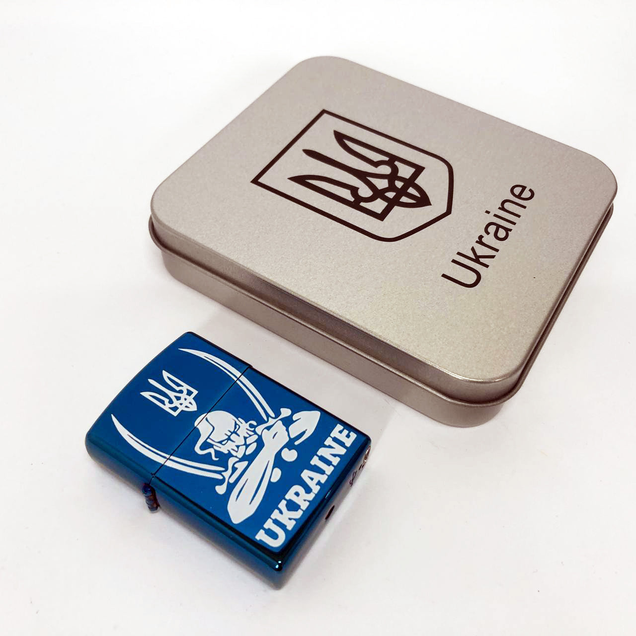 Дуговая электроимпульсная USB зажигалка Украина (металлическая коробка) HL-449. Цвет: синий