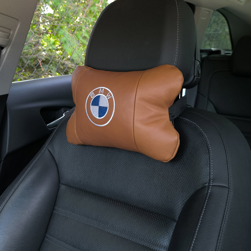 Комплект автоподушек 2шт из натуральной коричневой кожи для BMW. Ортопедическая подушка в авто БМВ