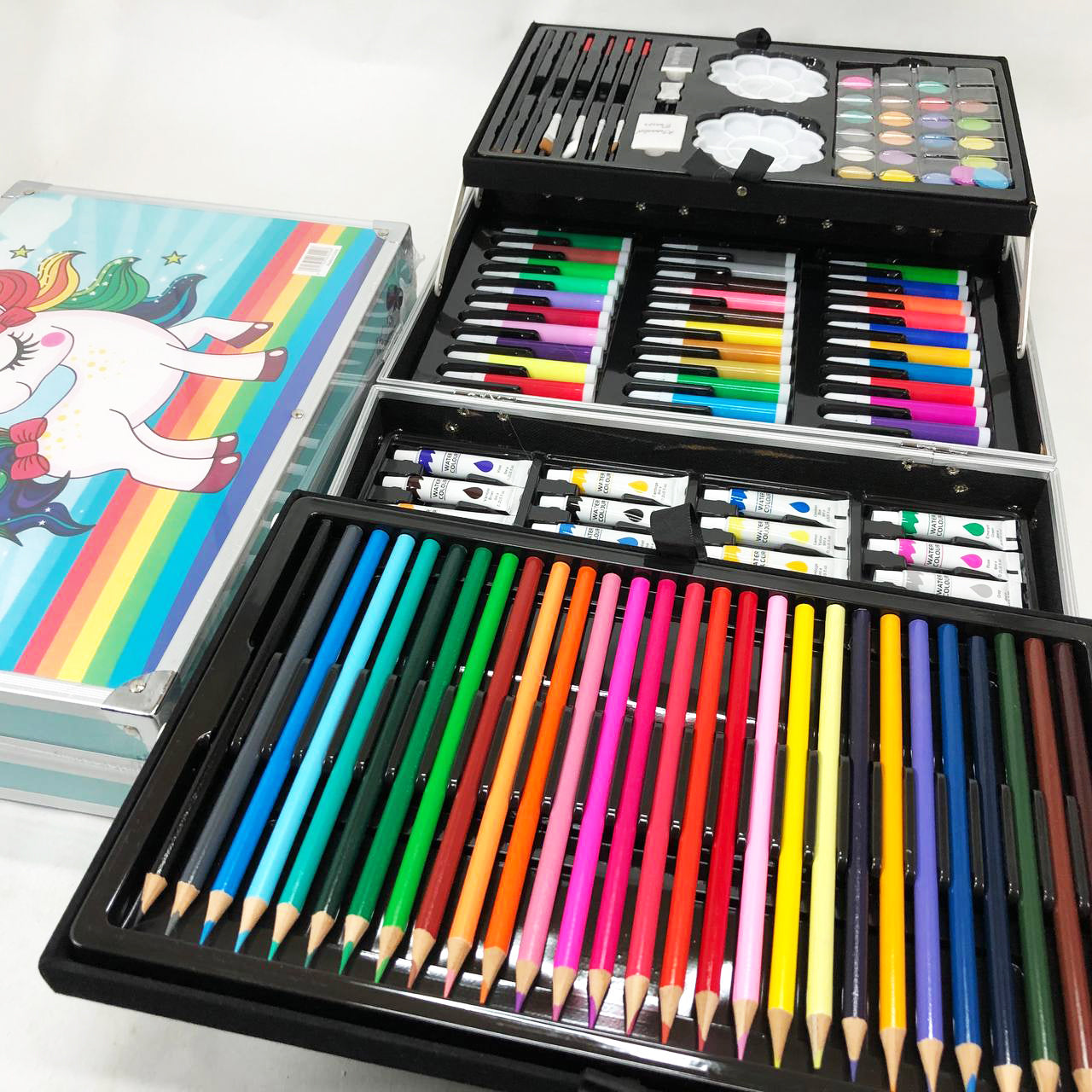 Набор для творчества в алюминиевом чемодане Единорог 145 предметов, чемодан для рисования детский кейс. Цвет: голубой