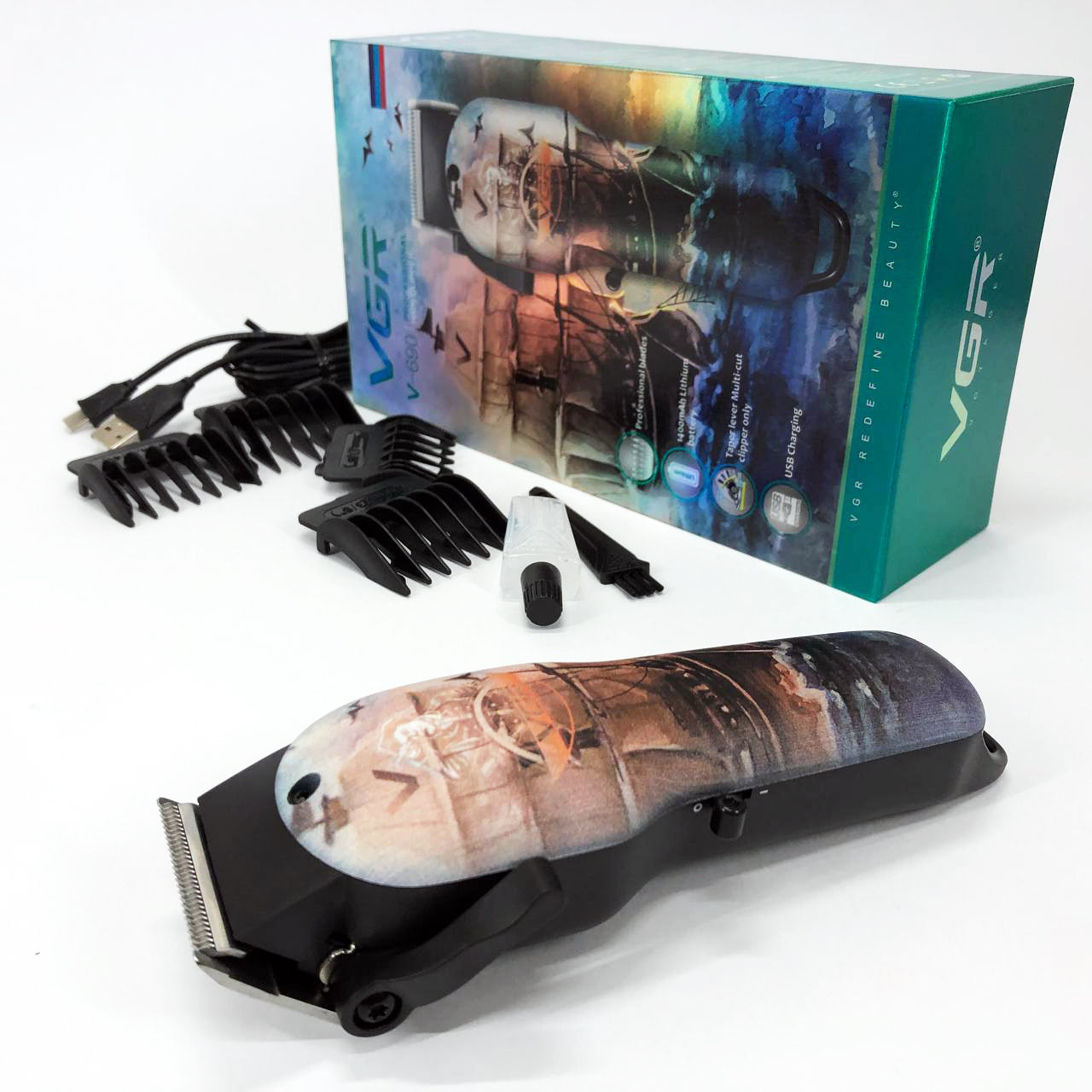 Аккумуляторная машинка для стрижки VGR V-690 от USB Нержавеющая сталь, подстригательная машинка