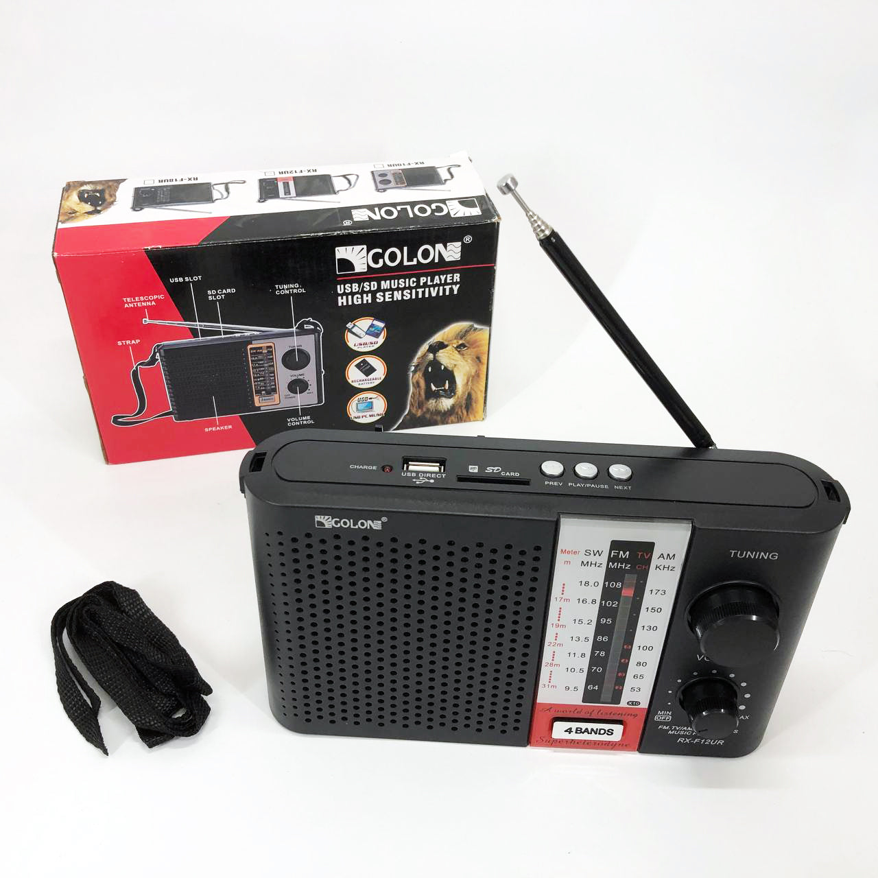 Радиоприемник переносной GOLON RX F12 AM/FM/SW, Радиоприемник am fm, Радио переносное фм. Цвет: черный