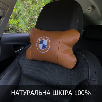 Комплект автоподушек 2шт из натуральной коричневой кожи для BMW. Ортопедическая подушка в авто БМВ