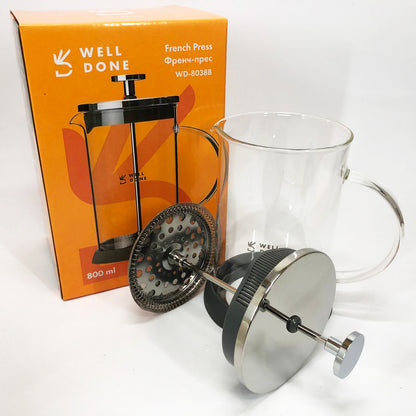 Френч-пресс Well Done WD-8038B из термостойкого стекла 800 мл, Необычный заварник для чая