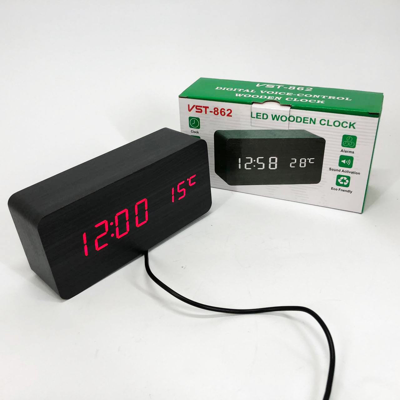 Часы VST-862 черное дерево красная подсветка, Цифровые настольные часы квадратные