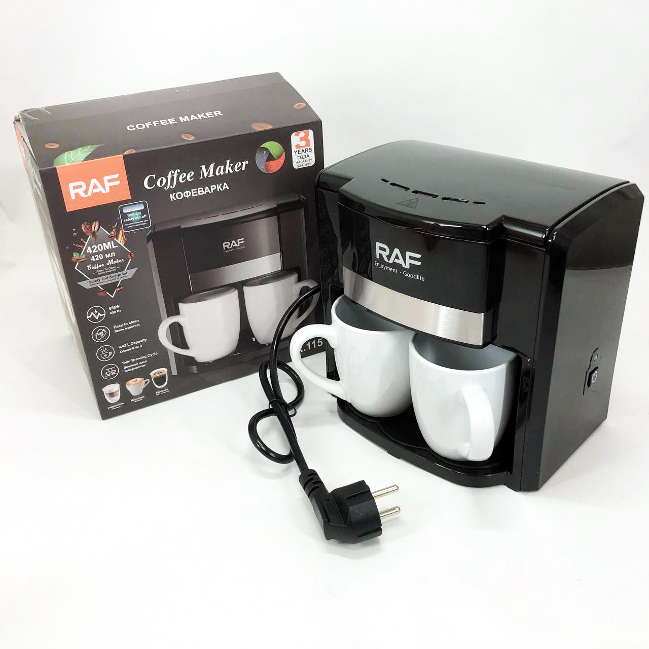 Кофеварка 2 чашки полуавтоматическая RAF R.115 650 Вт,  Капельная кофеварка электрическая для кухни