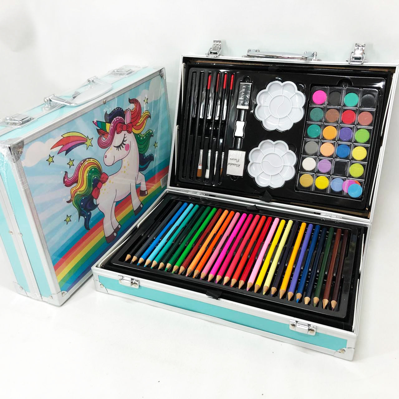 Набор для творчества в алюминиевом чемодане Единорог 145 предметов, чемодан для рисования детский кейс. Цвет: голубой