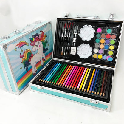 Набор для творчества в алюминиевом чемодане Единорог 145 предметов, чемодан для рисования детский кейс. Цвет: голубой