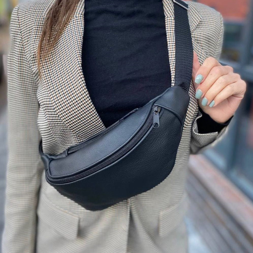 Кожаная бананка, мужская женская сумка из натуральной кожи, черная барсетка