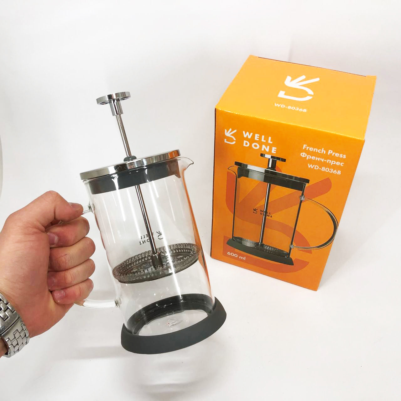 Френч-пресс Well Done WD-8036B из термостойкого стекла 600 мл, Чайник для заваривания трав прозрачный