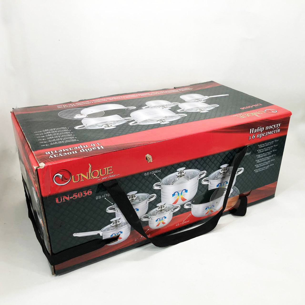 Набор посуды UNIQUE UN-5036 из нержавеющей стали с толстым 5-ти слойным дном с крышками стеклянными 12 предметов