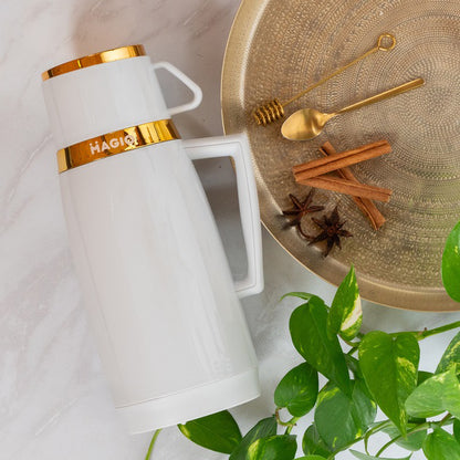 Термос Magio MG-1050W со стеклянной колбой, Хороший небольшой термос, для питьевой воды. Цвет: белый