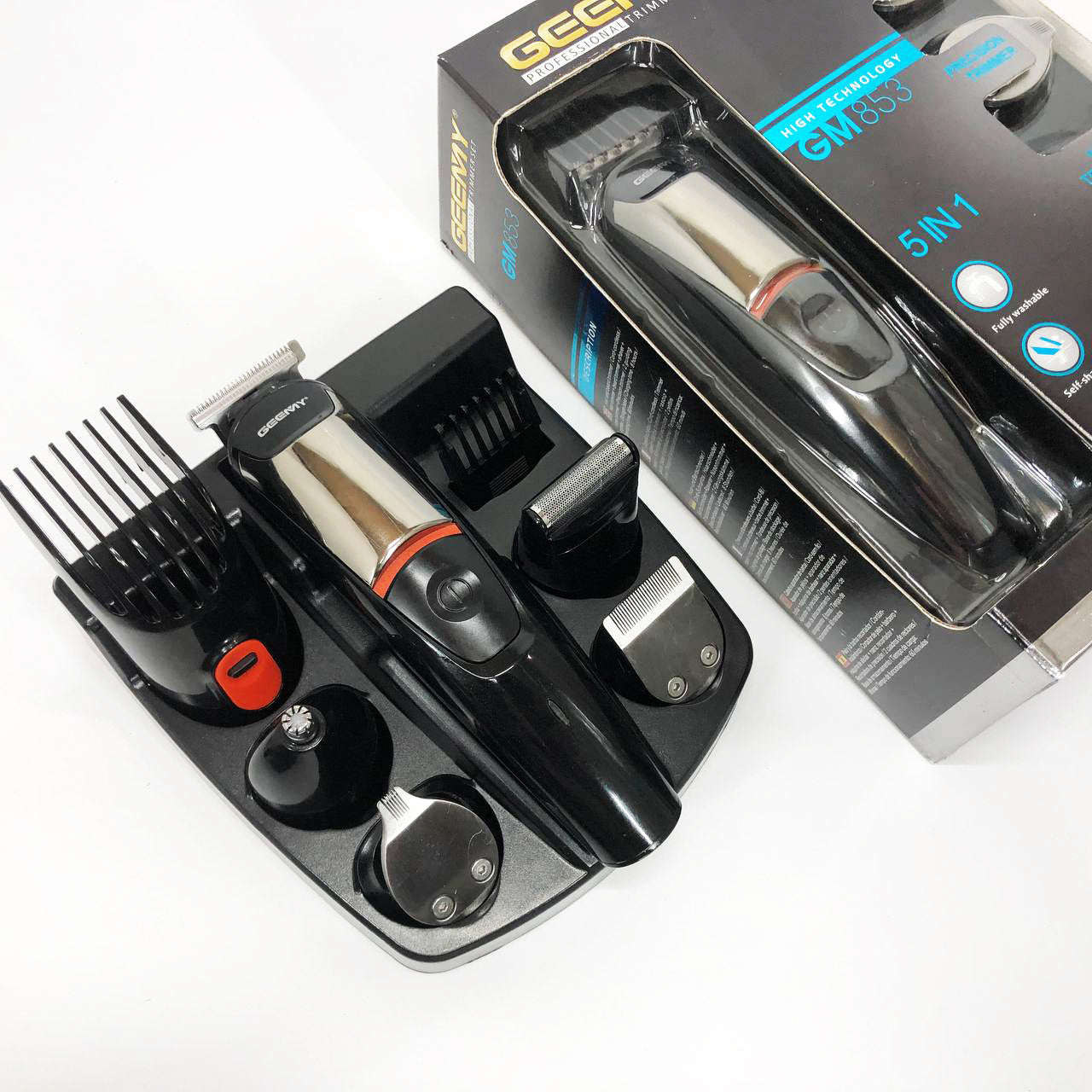 Машинка для стрижки 5в1 Geemy GM-853 стайлер, бритва, триммер на аккумуляторе нержавеющая сталь 6 насадок