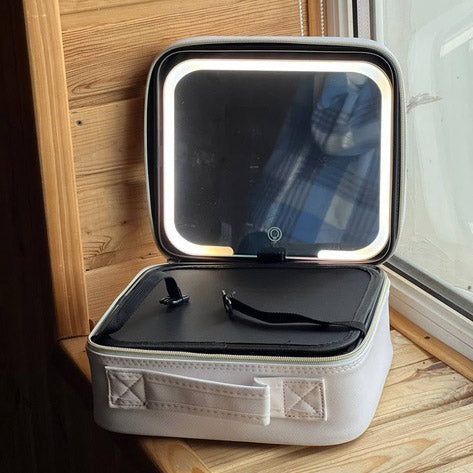 Портативная косметичка органайзер дорожный бьюти кейс с ручкой для с зеркалом и LED-подсветкой бежевый