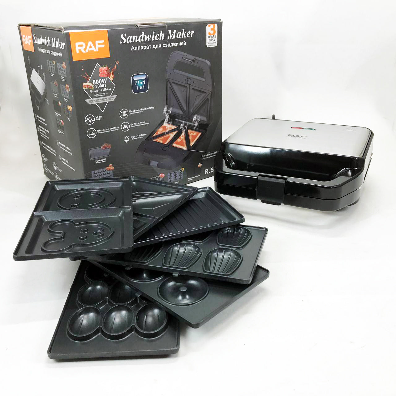 Мультимейкер RAF R.552 – 7 в 1: вафельница, гриль, сэндвичница, пончики, орешки, кексы, печенье, 800 Вт