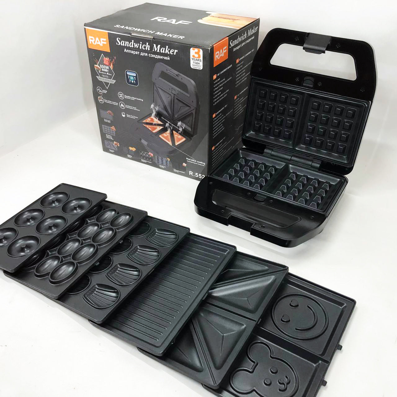 Мультимейкер RAF R.552 – 7 в 1: вафельница, гриль, сэндвичница, пончики, орешки, кексы, печенье, 800 Вт