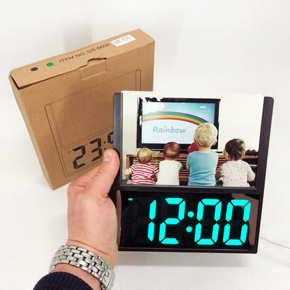 Электронные проводные настольные цифровые часы DS-6608 с фоторамкой, зелёная подсветка. Цвет: черный