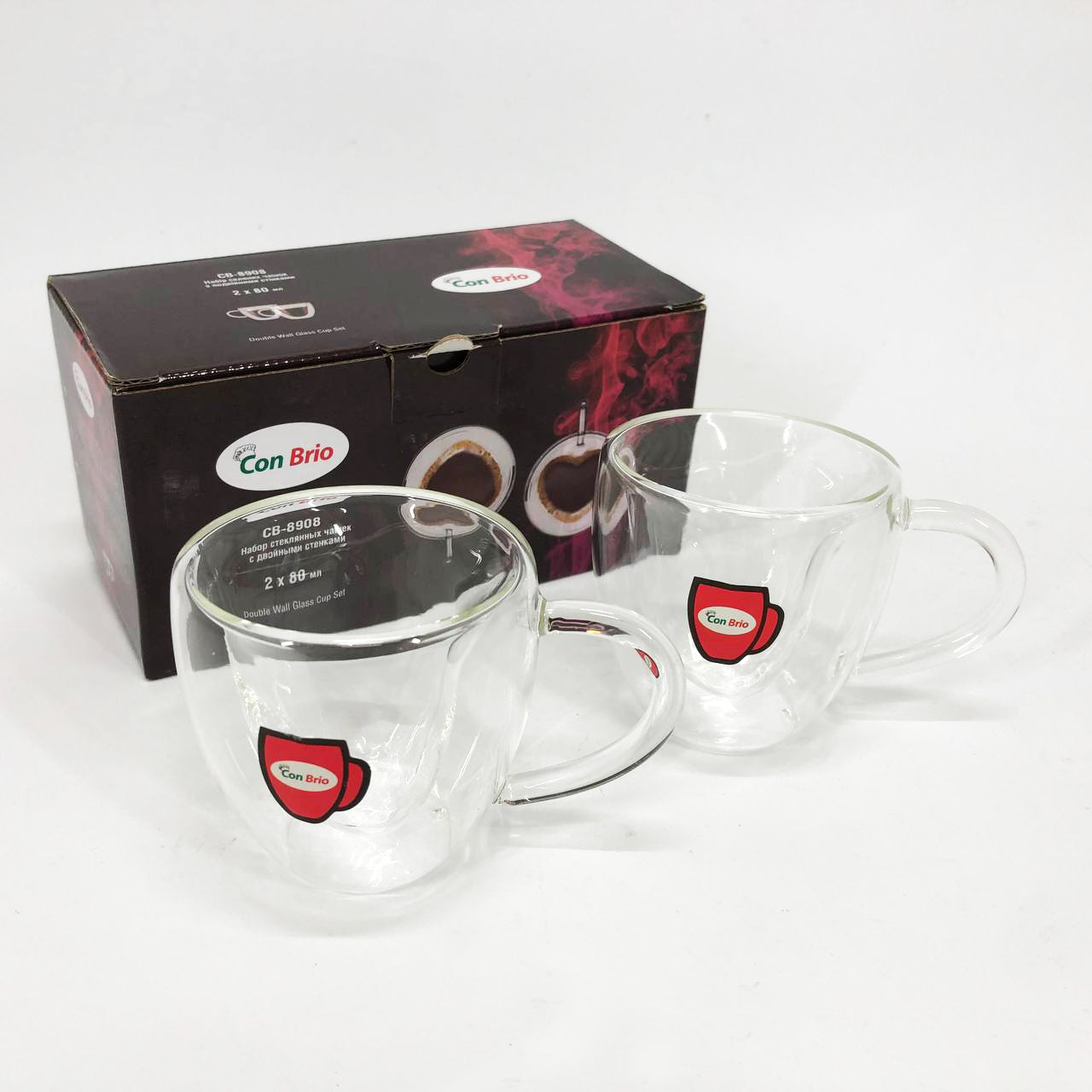 Набір скляних чашок із подвійними стінками (серце) Con Brio СВ-8908-2, 2шт, 80мл