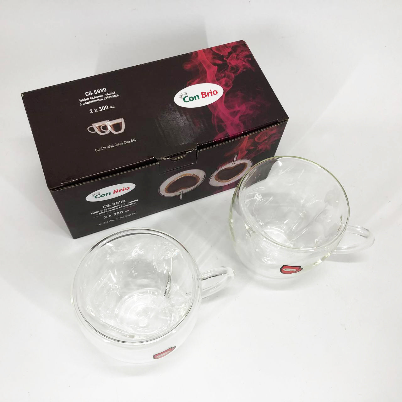 Набір скляних чашок із подвійними стінками (серце) Con Brio СВ-8930-2, 2шт, 300мл