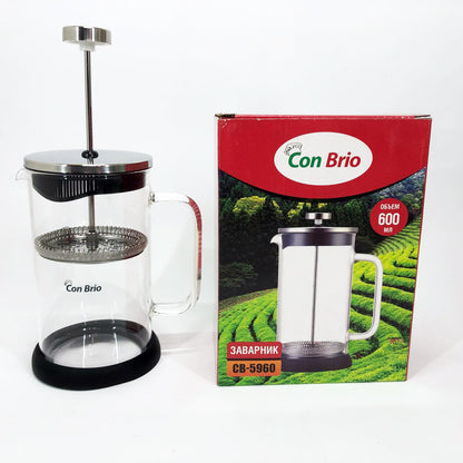 Френч-пресс Con Brio СВ-5960 600 мл, Стильный чайник для заварки, Стильный стеклянный заварочный чайник