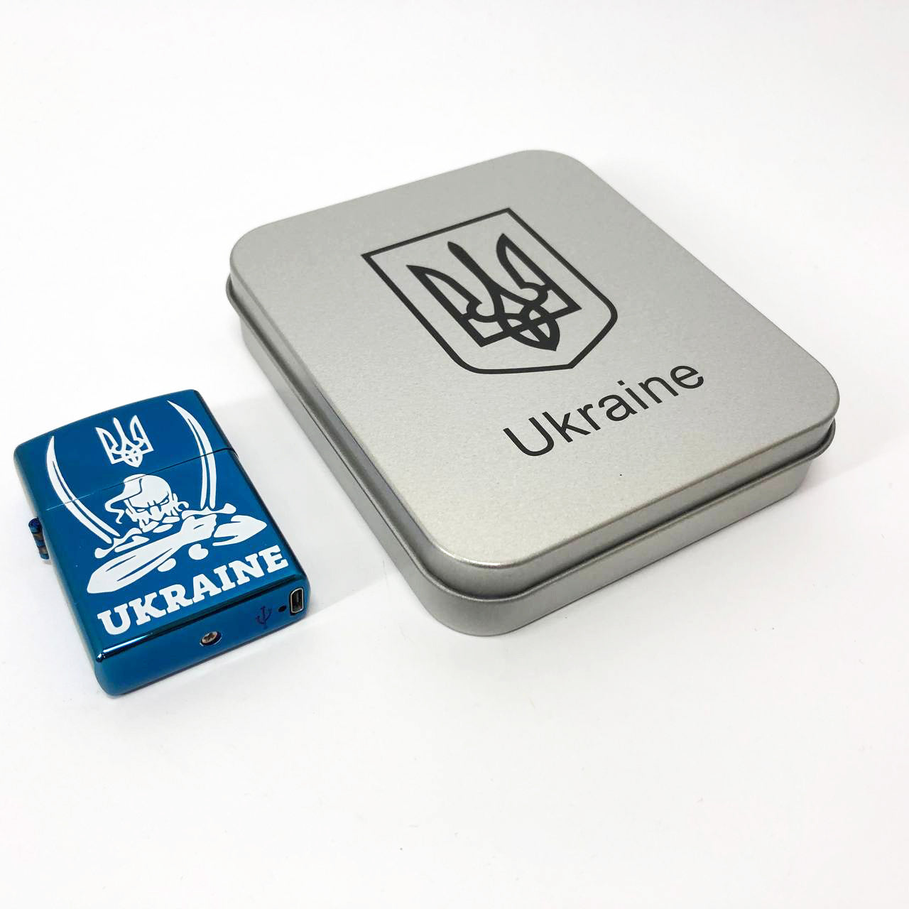 Дуговая электроимпульсная USB зажигалка Украина (металлическая коробка) HL-449. Цвет: синий