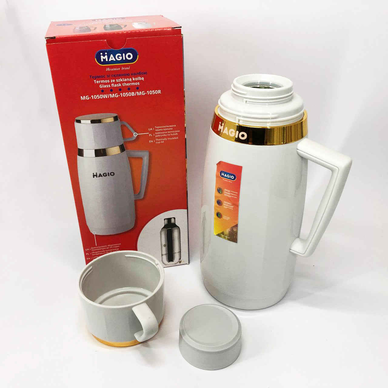 Термос Magio MG-1050W со стеклянной колбой, Хороший небольшой термос, для питьевой воды. Цвет: белый