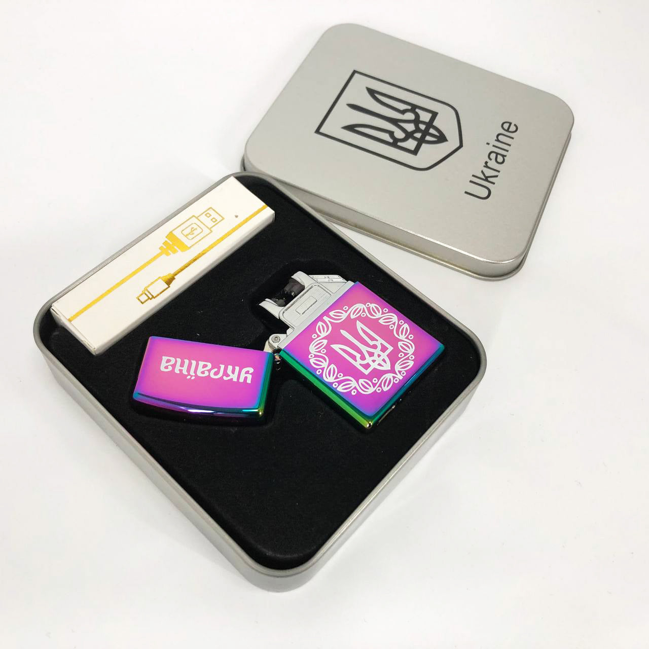 Дуговая электроимпульсная USB зажигалка Украина металлическая коробка HL-447. Цвет: хамелеон
