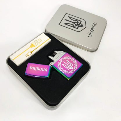 Дуговая электроимпульсная USB зажигалка Украина металлическая коробка HL-447. Цвет: хамелеон