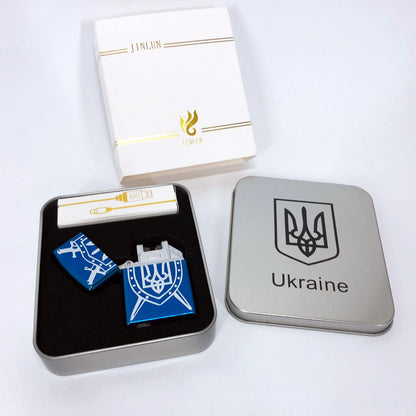 Дуговая электроимпульсная USB Зажигалка аккумуляторная Украина металлическая коробка HL-446. Цвет: синий