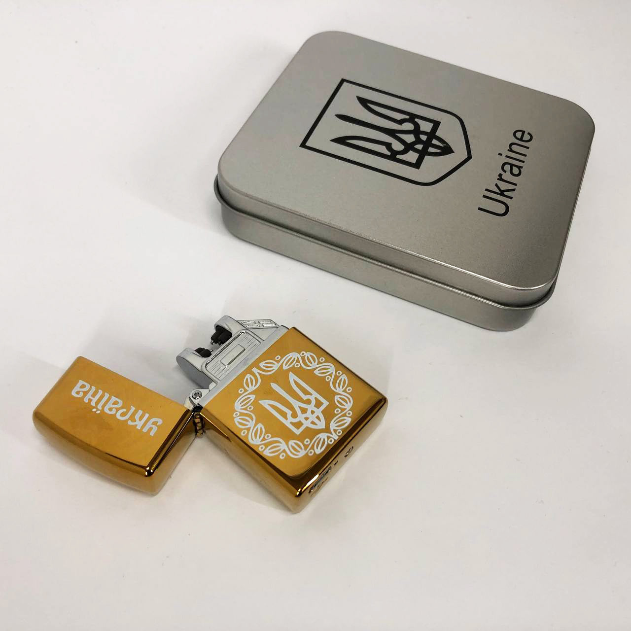 Дуговая электроимпульсная USB Юсб зажигалка Украина металлическая коробка HL-447. Цвет: золотой