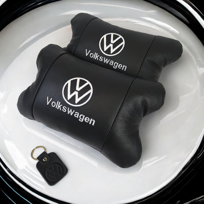 Набор подушек 2шт в авто Volkswagen из натуральной кожи, на подголовник в машину, Автомобильная подушка