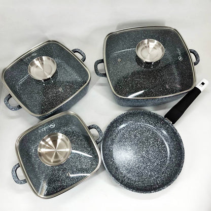 Набор казанов UNIQUE UN-5531 7 предметов, квадрат: 16 см, 20 см, 24 см, круглые 24 см сковорода
