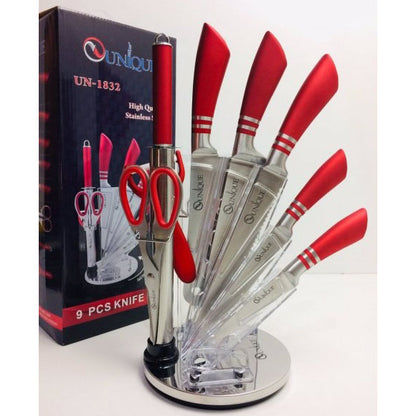 Набор ножей UNIQUE UN-1832 с подставкой 9 предметов овощечистка точилка ножницы Нержавеющая сталь