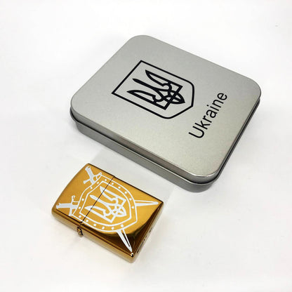 Дуговая электроимпульсная USB зажигалка Украина (металлическая коробка) HL-446. Цвет: золотой