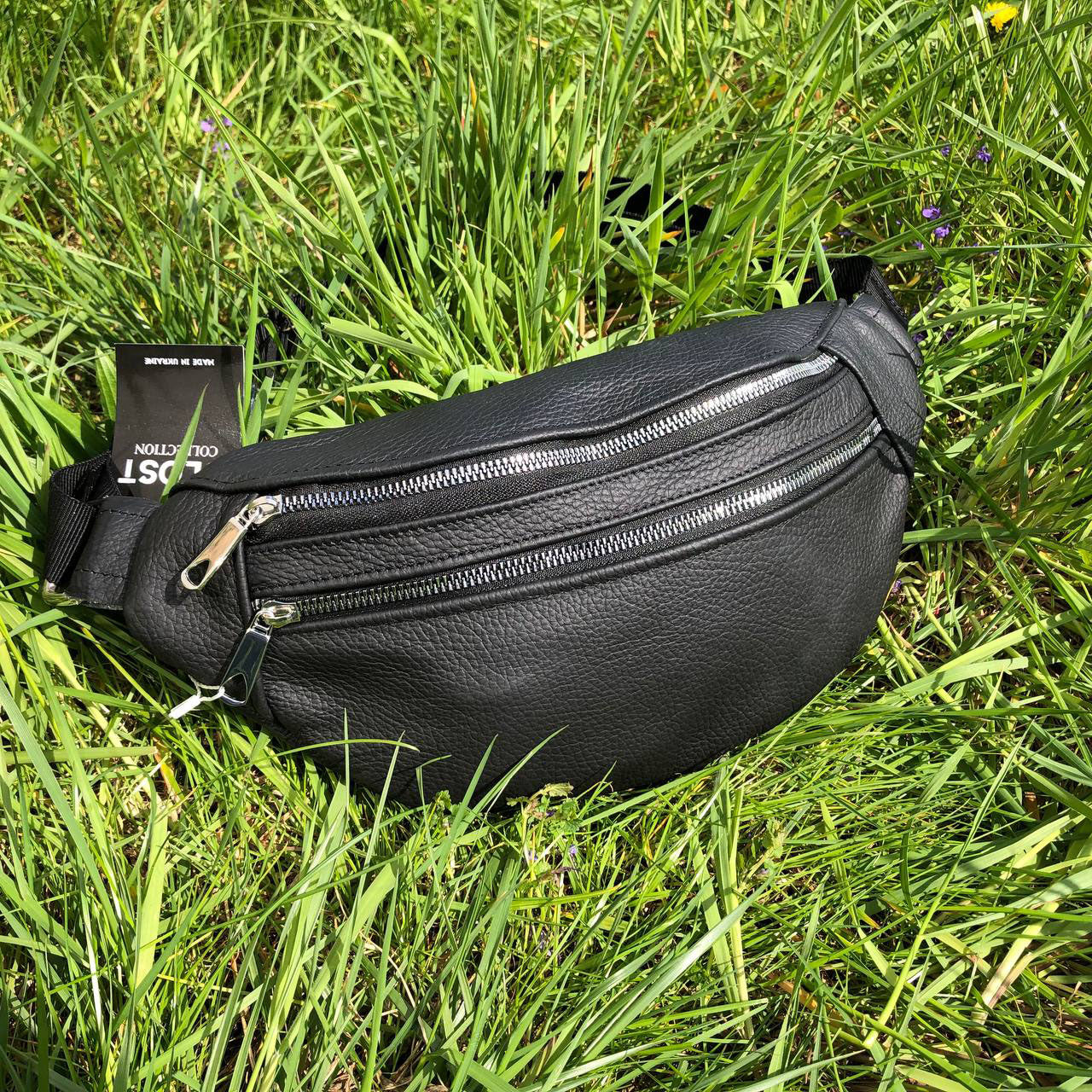 Бананка из натуральной кожи, сумка мужская-женская барсетка черная c серебряным замком