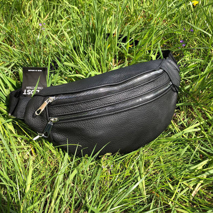 Бананка из натуральной кожи, сумка мужская-женская барсетка черная c серебряным замком