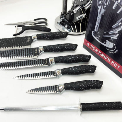 Набор ножей UNIQUE UN-1831, 9 предметов, с подставкой, нержавеющая сталь, с овощечисткой, черный