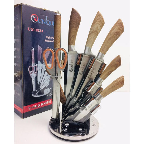 Набор кухонных ножей UNIQUE UN-1833 с деревянными ручками и подставкой