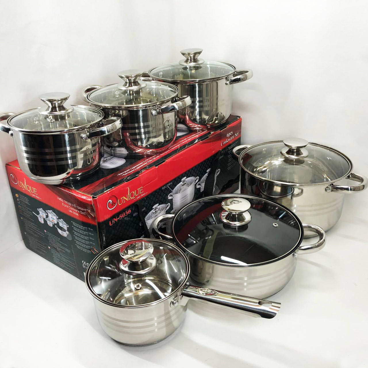 Набор посуды UNIQUE UN-5036 из нержавеющей стали с толстым 5-ти слойным дном с крышками стеклянными 12 предметов
