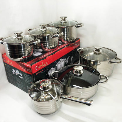 Набор посуды UNIQUE UN-5036 из нержавеющей стали с толстым 5-ти слойным дном с крышками стеклянными 12 предметов