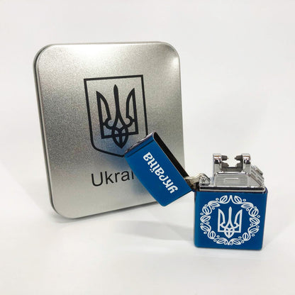 Дуговая электроимпульсная USB зажигалка Украина металлическая коробка HL-447. Цвет: синий