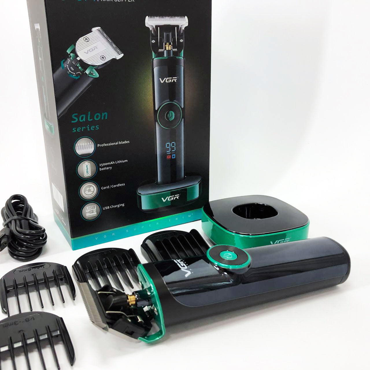 Универсальная машинка триммер для стрижки волос VGR V-671 аккумуляторный с набором насадок и LED дисплеем