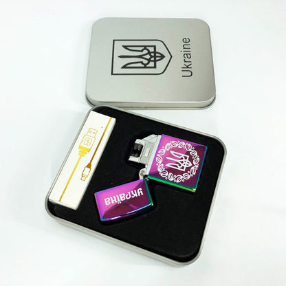 Дуговая электроимпульсная USB зажигалка Украина металлическая коробка HL-447. Цвет: хамелеон