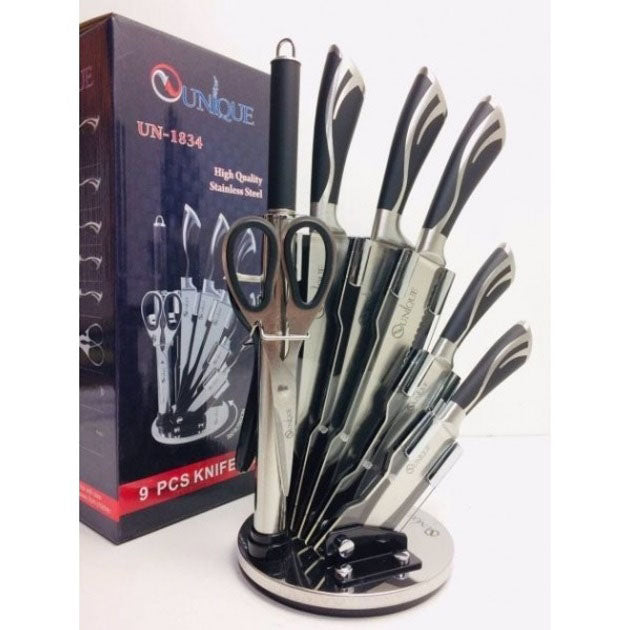 Набор ножей UNIQUE UN-1834 с вращающейся подставкой 9 предметов, Ножи кухонные из нержавеющей стали